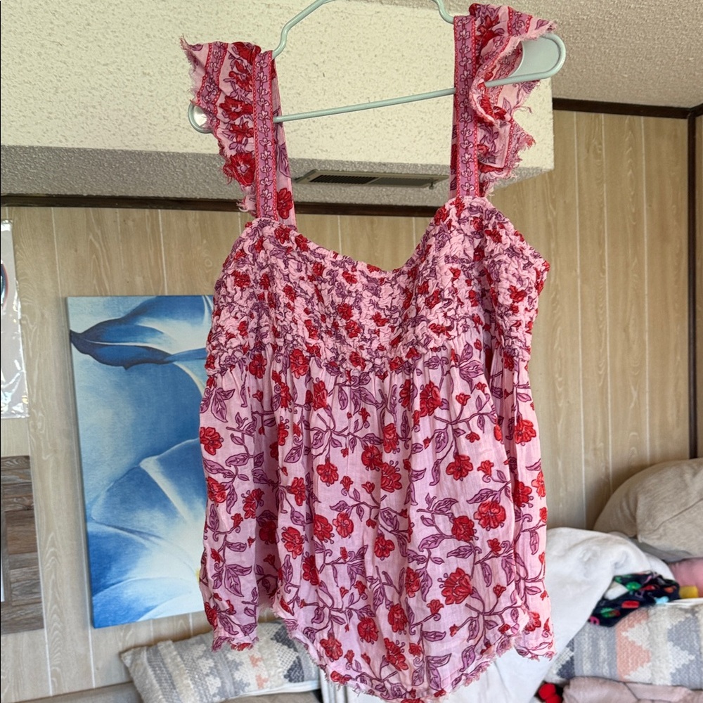 Free People Pink and Red Floral Blouse